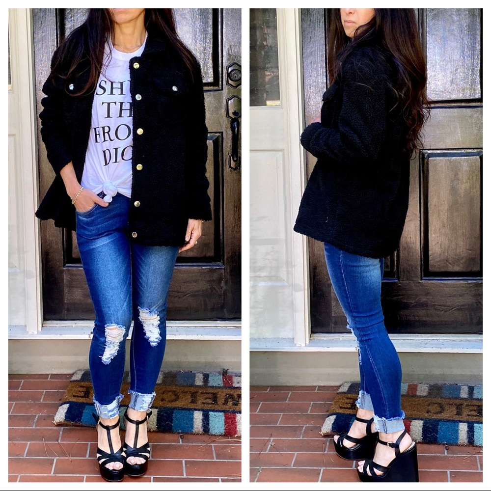 Black Sherpa faux fur button down jacket - Picture 5 of 9